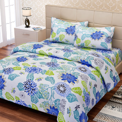 Floral Cotton Double Bedsheet Set Blue