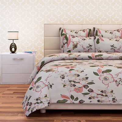 Floral Beige Cotton Double Bedsheet Set