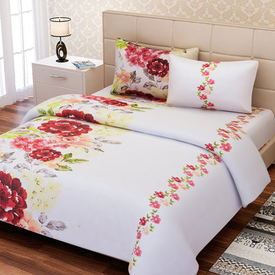 Floral Red Cotton Double Bedsheet Set with 2 Pillow Cover